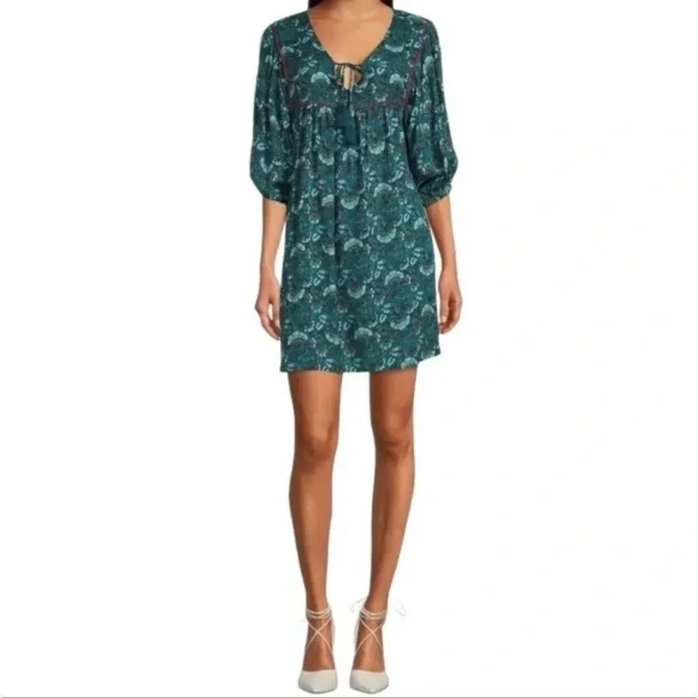 BOG Bohemian Floral Sheath V-Neck 1/2 Sleeve Mini Dress, Small, Teal & White